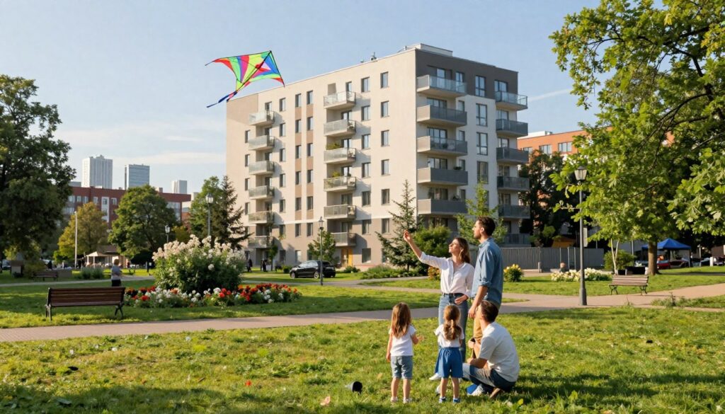 A cozy, inviting scene depicting family life in Katowice, Poland. In the foreground, a family of four enjoys a leisurely afternoon in a vibrant city park, with the parents in smart casual clothing and children playing with a colorful kite. The middle ground features a modern residential building typical of Katowice’s architecture, surrounded by lush greenery and blooming flowers. In the background, the silhouette of the city's skyline can be seen under a clear blue sky, with soft sunlight casting gentle shadows. The atmosphere is warm and cheerful, reflecting a strong sense of community and family. The image is framed from a slightly elevated angle to capture the essence of daily life in the city, emphasizing the connection between nature and urban living. A cozy, inviting scene depicting family life in Katowice, Poland. In the foreground, a family of four enjoys a leisurely afternoon in a vibrant city park, with the parents in smart casual clothing and children playing with a colorful kite. The middle ground features a modern residential building typical of Katowice’s architecture, surrounded by lush greenery and blooming flowers. In the background, the silhouette of the city's skyline can be seen under a clear blue sky, with soft sunlight casting gentle shadows. The atmosphere is warm and cheerful, reflecting a strong sense of community and family. The image is framed from a slightly elevated angle to capture the essence of daily life in the city, emphasizing the connection between nature and urban living.