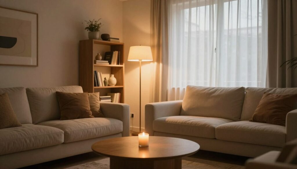 A cozy living room illuminated by soft, warm lighting that creates an inviting atmosphere. In the foreground, a stylish coffee table adorned with a gently flickering candle, surrounded by a plush sofa with textured cushions. In the middle ground, a floor lamp with a modern design emits a warm glow, casting light on a beautifully arranged bookshelf filled with decorative items and books. The background features a large window draped with sheer curtains, allowing soft, natural light to filter through, complemented by subtle wall art that adds character to the space. Use a warm color palette to evoke a sense of comfort and tranquility, emphasizing the importance of lighting in interior design. Capture the scene from a slightly elevated angle to showcase the interplay of light and shadow throughout the room.