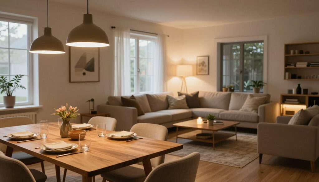 A cozy, modern living room combined with a dining area, elegantly designed to showcase the role of lighting in creating ambiance. The foreground features a stylish wooden dining table set with tasteful dinnerware, surrounded by plush upholstered chairs. In the middle, the living area includes a comfortable sofa adorned with decorative cushions, positioned next to a chic coffee table with ambient lighting. The background consists of large windows allowing soft, natural light to filter in, complemented by statement pendant lights hanging over the dining table, casting a warm glow. The color palette incorporates warm earth tones and soft whites. The overall atmosphere is inviting and harmonious, emphasizing the importance of lighting in enhancing mood. A cozy, modern living room combined with a dining area, elegantly designed to showcase the role of lighting in creating ambiance. The foreground features a stylish wooden dining table set with tasteful dinnerware, surrounded by plush upholstered chairs. In the middle, the living area includes a comfortable sofa adorned with decorative cushions, positioned next to a chic coffee table with ambient lighting. The background consists of large windows allowing soft, natural light to filter in, complemented by statement pendant lights hanging over the dining table, casting a warm glow. The color palette incorporates warm earth tones and soft whites. The overall atmosphere is inviting and harmonious, emphasizing the importance of lighting in enhancing mood.