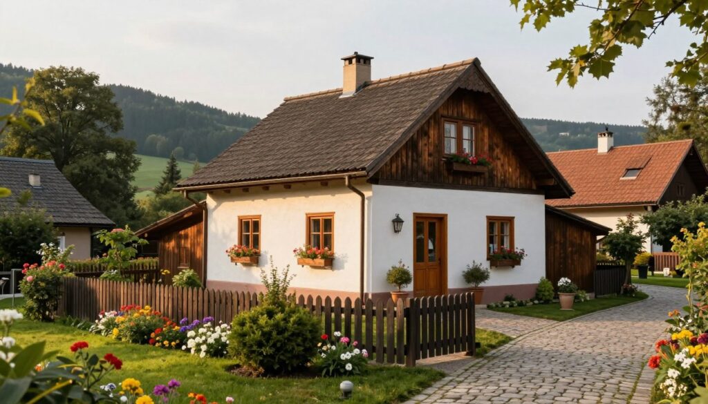 A cozy suburban house in a peaceful Polish village, with a well-maintained garden filled with colorful flowers and green shrubs in the foreground. A rustic wooden fence surrounds the property, and the path leading to the front door is lined with cobblestones. In the middle ground, the house itself features traditional architecture with a sloped roof, charming windows adorned with flower boxes, and warm wooden accents. In the background, gentle hills and lush trees create a serene natural setting, bathed in soft, golden afternoon light. The atmosphere is tranquil and inviting, evoking a sense of home and belonging, captured from a slightly elevated angle to provide a comprehensive view of the property.