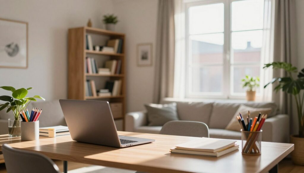 A cozy urban apartment interior, featuring a modern living space that reflects the lifestyle of an influential social media personality. In the foreground, a stylish desk adorned with a laptop, colorful stationery, and a plant. The middle section showcases a large window with soft, natural light illuminating the room, framed by curtains that filter the sunlight. In the background, a well-organized bookshelf filled with various books and decor, along with a comfortable sofa. The color palette is warm and inviting, creating a relaxed atmosphere. Capture the scene in bright, natural lighting, with a slight depth of field to emphasize the foreground elements. The mood is inspiring and creative, reflecting a contemporary influencer's daily life. A cozy urban apartment interior, featuring a modern living space that reflects the lifestyle of an influential social media personality. In the foreground, a stylish desk adorned with a laptop, colorful stationery, and a plant. The middle section showcases a large window with soft, natural light illuminating the room, framed by curtains that filter the sunlight. In the background, a well-organized bookshelf filled with various books and decor, along with a comfortable sofa. The color palette is warm and inviting, creating a relaxed atmosphere. Capture the scene in bright, natural lighting, with a slight depth of field to emphasize the foreground elements. The mood is inspiring and creative, reflecting a contemporary influencer's daily life.