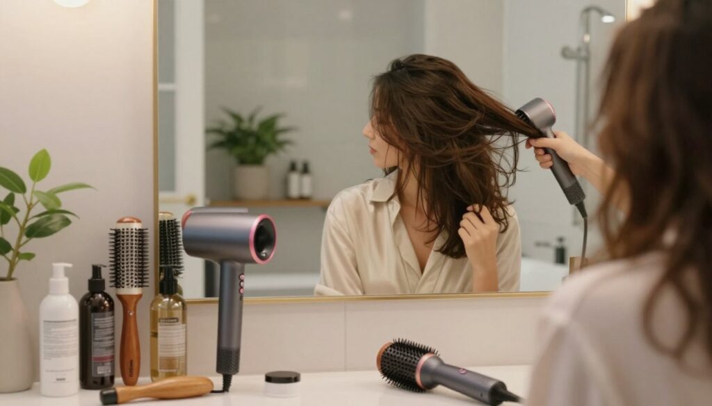 A cozy, well-lit bathroom setting with a large mirror reflecting a person styling their hair. The foreground features an array of hair styling tools like a round brush, hairdryer, and volumizing products artfully arranged. In the middle, a person, dressed in a comfortable yet stylish outfit, is confidently blow-drying their hair, demonstrating the technique of creating volume. Soft, diffused lighting highlights the hair’s shine and texture, casting gentle shadows that enhance the details. The background includes nice bathroom decor, such as plants and neatly organized hair products, contributing to a serene and inviting atmosphere. The overall mood is one of relaxation and empowerment, showcasing the technique of hair styling in a home environment.