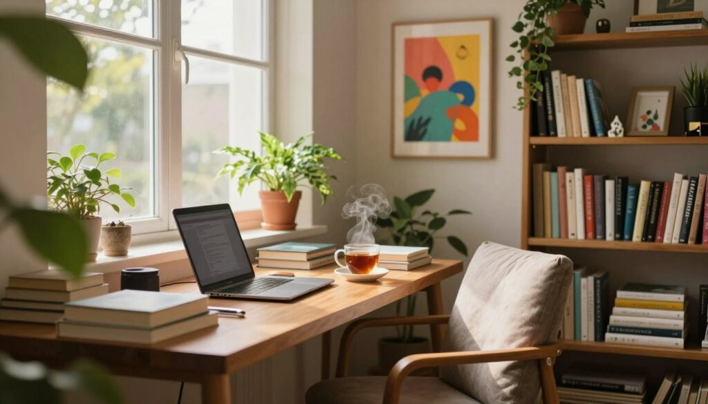 A cozy, well-lit home office that embodies self-sufficiency and independence. In the foreground, a modern wooden desk cluttered with books, a laptop, and a steaming cup of tea. A comfortable chair with soft cushions invites productivity. In the middle, a large window lets in warm, natural light, illuminating green houseplants and a vibrant piece of artwork on the wall. In the background, shelves filled with neatly organized books and personal mementos create a sense of personal history. The atmosphere is calm and inviting, with a slight bokeh effect around the edges to focus on the home office. The lighting is soft and warm, evoking a sense of tranquility and comfort, perfect for inspiring moments of creativity and reflection. A cozy, well-lit home office that embodies self-sufficiency and independence. In the foreground, a modern wooden desk cluttered with books, a laptop, and a steaming cup of tea. A comfortable chair with soft cushions invites productivity. In the middle, a large window lets in warm, natural light, illuminating green houseplants and a vibrant piece of artwork on the wall. In the background, shelves filled with neatly organized books and personal mementos create a sense of personal history. The atmosphere is calm and inviting, with a slight bokeh effect around the edges to focus on the home office. The lighting is soft and warm, evoking a sense of tranquility and comfort, perfect for inspiring moments of creativity and reflection.