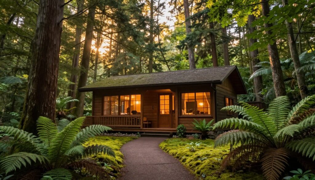 A cozy wooden house nestled in the heart of a lush green forest, surrounded by tall, majestic trees and vibrant ferns. In the foreground, a calm pathway leads up to the inviting entrance of the home, with soft moss covering the ground. The middle section features large windows with warm, welcoming light spilling out, hinting at a cozy interior. The background showcases a dense canopy of trees, with dappled sunlight filtering through, creating a serene and peaceful atmosphere. The scene is captured during the golden hour, with soft, warm lighting to enhance the tranquility. This idyllic setting embodies an escape from urban chaos, evoking a sense of peace and simplicity.