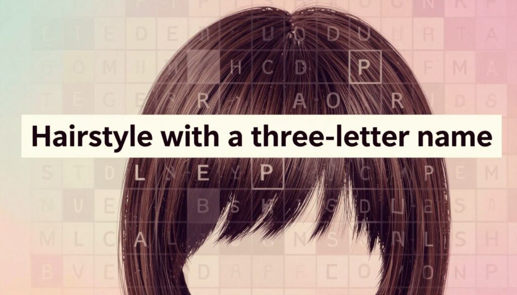 A crossword puzzle grid featuring the clue "Hairstyle with a three-letter name" prominently displayed in the center. The foreground includes a large, stylized hair silhouette, artistically integrated with the letters of the answer intertwined within the strands. In the middle layer, subtle hints of various hairstyles, like a bob or pixie cut, provide context, blending into the crossword design. The background features soft, pastel colors, creating a warm and inviting atmosphere. The lighting should be gentle, casting a focus on the puzzle and hairstyle elements while suggesting an air of mystery and playfulness. The composition should evoke curiosity and engagement without any text or logos present.