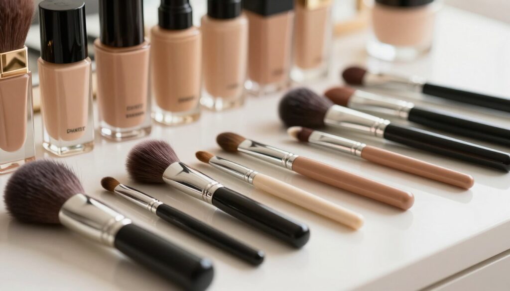 A detailed arrangement of professional makeup brushes displayed artistically on a smooth, elegant surface. In the foreground, several high-quality brushes, with soft bristles and stylish handles, are arranged neatly. The middle section features a variety of brush types, including foundation, eyeshadow, and lip brushes, highlighting their unique shapes and sizes. The background is softly blurred to draw attention to the brushes, with a subtle hint of warm, natural light illuminating them, creating a luxurious and inviting atmosphere. Emphasize a clean and sophisticated aesthetic, evoking a sense of beauty and professionalism essential for makeup enthusiasts. The composition should convey a sense of choice and selection suitable for makeup application.