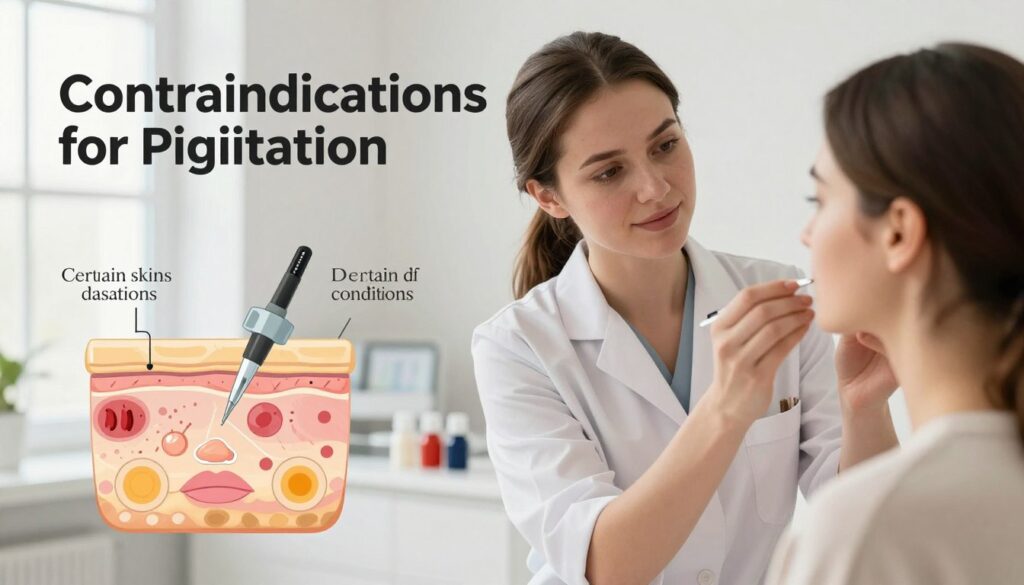 A detailed infographic-style illustration focused on "Contraindications for Pigmentation." In the foreground, display a skin diagram with highlighted areas indicating common contraindications, such as certain skin conditions and allergies. In the middle, feature a professional beauty expert in smart, modest attire, examining a client's skin with a gentle expression, conveying trust and safety. In the background, incorporate a softly lit, serene beauty clinic setting with tools for pigmentation procedures, like a needle and pigments, subtly arranged. Use natural lighting to create a calm atmosphere, ensuring clarity and focus on the subject matter. The overall mood should convey professionalism, safety, and care in the context of cosmetic procedures. A detailed infographic-style illustration focused on "Contraindications for Pigmentation." In the foreground, display a skin diagram with highlighted areas indicating common contraindications, such as certain skin conditions and allergies. In the middle, feature a professional beauty expert in smart, modest attire, examining a client's skin with a gentle expression, conveying trust and safety. In the background, incorporate a softly lit, serene beauty clinic setting with tools for pigmentation procedures, like a needle and pigments, subtly arranged. Use natural lighting to create a calm atmosphere, ensuring clarity and focus on the subject matter. The overall mood should convey professionalism, safety, and care in the context of cosmetic procedures.