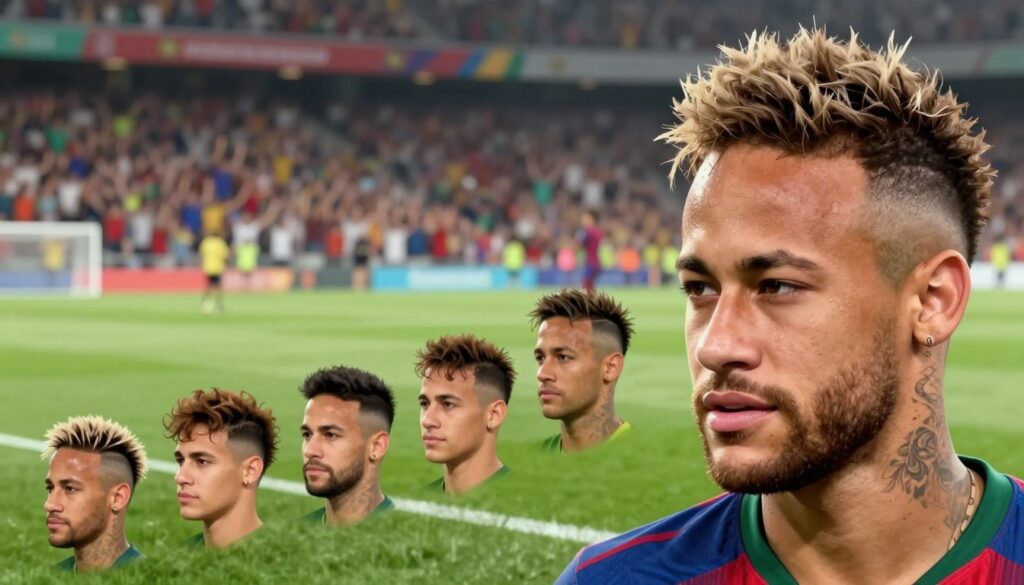 A dynamic illustration showcasing the evolution of Neymar's hairstyles over the years. In the foreground, feature a lifelike representation of Neymar with various iconic hairstyles ranging from bold mohawks to sleek undercuts, capturing diverse textures and colors. In the middle ground, display a timeline effect with subtle transitions between each hairstyle, highlighting significant moments in his career. The background should depict a vibrant soccer field with cheering fans, adding an energetic atmosphere. Utilize soft, natural lighting to illuminate Neymar, casting gentle shadows that emphasize his facial features. The overall mood should be expressive and celebratory, reflecting Neymar's unique style and influence in the world of football.