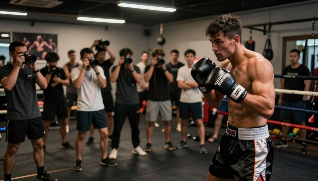A dynamic scene capturing the intersection of a freak fight career and personal privacy. In the foreground, a determined fighter in a professional athletic outfit, showcasing intensity and focus, stands poised as if ready for a match. In the middle ground, a blurred audience of fans and media photographers in modest casual clothing, their lenses aimed at the fighter, symbolizing the public eye and scrutiny. The background features a dimly lit gym, with posters of past fights and equipment that reflects the gritty nature of the sport. Soft overhead lighting casts dramatic shadows, enhancing the mood of tension and anticipation. The atmosphere is charged with excitement, emphasizing the balance between a public persona and the desire for privacy. A dynamic scene capturing the intersection of a freak fight career and personal privacy. In the foreground, a determined fighter in a professional athletic outfit, showcasing intensity and focus, stands poised as if ready for a match. In the middle ground, a blurred audience of fans and media photographers in modest casual clothing, their lenses aimed at the fighter, symbolizing the public eye and scrutiny. The background features a dimly lit gym, with posters of past fights and equipment that reflects the gritty nature of the sport. Soft overhead lighting casts dramatic shadows, enhancing the mood of tension and anticipation. The atmosphere is charged with excitement, emphasizing the balance between a public persona and the desire for privacy.