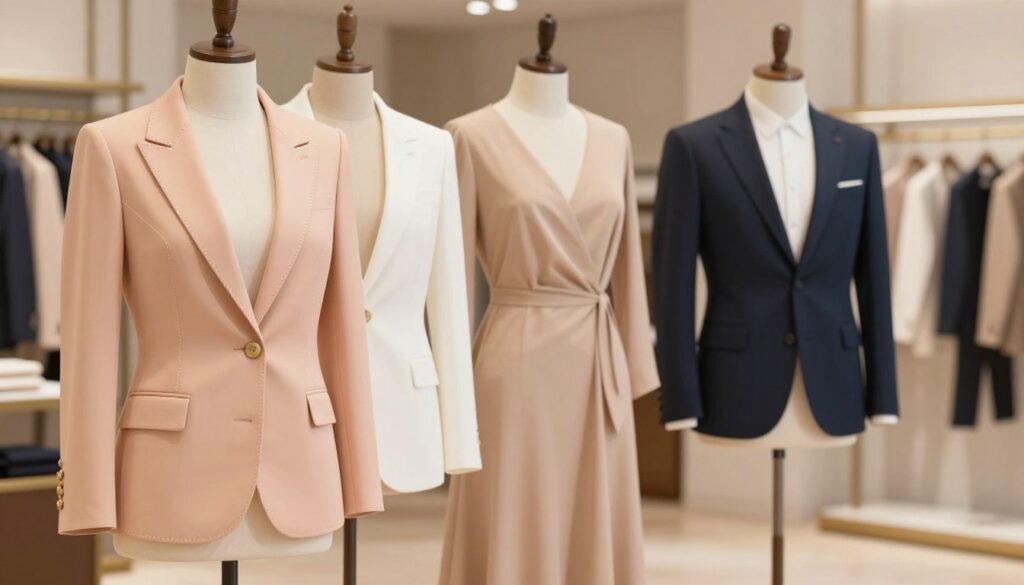 A fashion-forward illustration showcasing a stylish beige dress paired with a range of complementary blazers suitable for various occasions. In the foreground, a mannequin displays a beautifully tailored light peach blazer with delicate stitching and gold buttons, next to a loose-fit white blazer, and a classic navy blazer. The middle ground features a softly draped beige dress, elegantly flowing to the knee, highlighting the tailoring options available. The background boasts a chic boutique interior with soft, diffused lighting that creates a warm and inviting mood. Use a shallow depth of field to focus on the blazers and dress while softly blurring the background, enhancing the overall elegance and sophistication of the scene. Capture the atmosphere of a stylish shopping experience, perfect for fashion enthusiasts seeking inspiration. A fashion-forward illustration showcasing a stylish beige dress paired with a range of complementary blazers suitable for various occasions. In the foreground, a mannequin displays a beautifully tailored light peach blazer with delicate stitching and gold buttons, next to a loose-fit white blazer, and a classic navy blazer. The middle ground features a softly draped beige dress, elegantly flowing to the knee, highlighting the tailoring options available. The background boasts a chic boutique interior with soft, diffused lighting that creates a warm and inviting mood. Use a shallow depth of field to focus on the blazers and dress while softly blurring the background, enhancing the overall elegance and sophistication of the scene. Capture the atmosphere of a stylish shopping experience, perfect for fashion enthusiasts seeking inspiration.