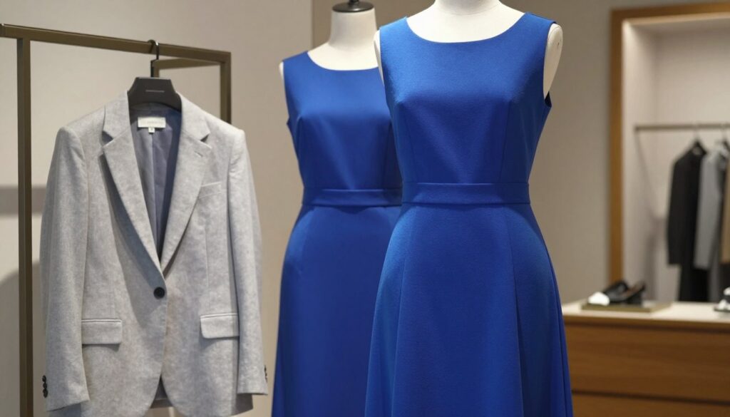 A fashionable cobalt blue dress elegantly displayed on a mannequin, showcasing its flattering silhouette and textures. The dress features a defined waist and flowing skirt, perfect for various occasions. In the foreground, a stylish light gray blazer hangs on a nearby clothing rack, its fabric contrasting beautifully with the dress. Soft, diffused lighting enhances the vibrant color of the dress while casting gentle shadows that add depth. In the background, a minimalist boutique setting with soft wood accents and muted decor creates an inviting atmosphere. The overall mood is sophisticated and chic, highlighting both the dress and jacket as ideal wardrobe choices for elegant color pairings, infused with modern style.