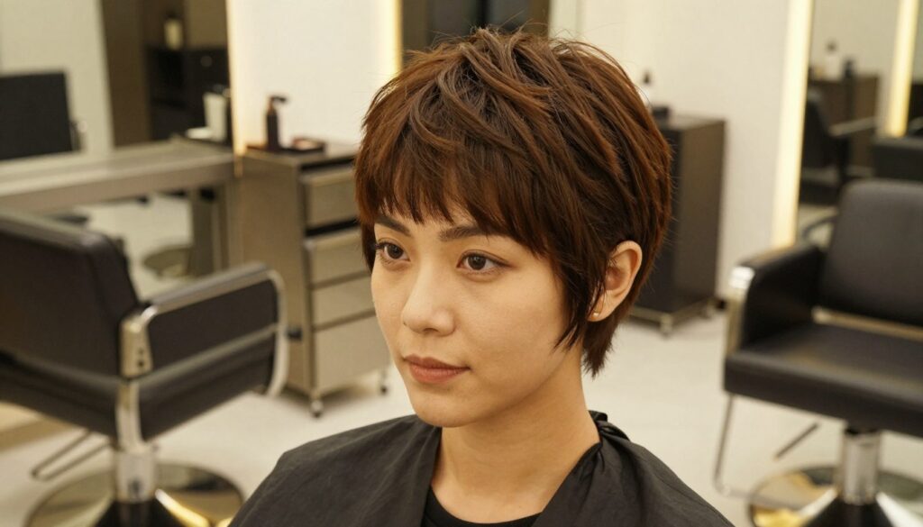 A fashionable, confident woman with a slimmed-down face, showcasing a chic, short hairstyle that subtly enhances her features. She sits in a modern, well-lit hair salon, with sleek furniture and elegant decor in the background. The lighting is warm and inviting, casting soft shadows that highlight the contours of her face and the stylish haircut. She wears professional casual attire, exuding an air of sophistication. The camera angle is slightly above eye level, providing a flattering perspective that emphasizes the hairstyle's effect. The mood is empowering and vibrant, reflecting a sense of style and elegance, perfect for a character-filled short hairstyle that visually contours the face. A fashionable, confident woman with a slimmed-down face, showcasing a chic, short hairstyle that subtly enhances her features. She sits in a modern, well-lit hair salon, with sleek furniture and elegant decor in the background. The lighting is warm and inviting, casting soft shadows that highlight the contours of her face and the stylish haircut. She wears professional casual attire, exuding an air of sophistication. The camera angle is slightly above eye level, providing a flattering perspective that emphasizes the hairstyle's effect. The mood is empowering and vibrant, reflecting a sense of style and elegance, perfect for a character-filled short hairstyle that visually contours the face.