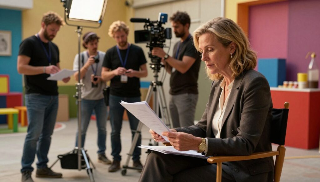 A film set scene depicting a professional female actress in her 50s, resembling Teresa Lipowska, dressed in elegant, modest attire, preparing for a scene. In the foreground, she is reviewing her script while seated on a director's chair, with focused determination on her face. In the middle ground, a small crew is setting up lighting and cameras, conveying a sense of collaboration and artistry. The background features vibrant movie set elements, like colorful props and a backdrop, suggesting a lively atmosphere. The lighting is warm and inviting, simulating natural daylight, highlighting the hard work and dedication involved in television production. The overall mood is one of creativity and professionalism, illustrating the balance between acting and daily life. A film set scene depicting a professional female actress in her 50s, resembling Teresa Lipowska, dressed in elegant, modest attire, preparing for a scene. In the foreground, she is reviewing her script while seated on a director's chair, with focused determination on her face. In the middle ground, a small crew is setting up lighting and cameras, conveying a sense of collaboration and artistry. The background features vibrant movie set elements, like colorful props and a backdrop, suggesting a lively atmosphere. The lighting is warm and inviting, simulating natural daylight, highlighting the hard work and dedication involved in television production. The overall mood is one of creativity and professionalism, illustrating the balance between acting and daily life.
