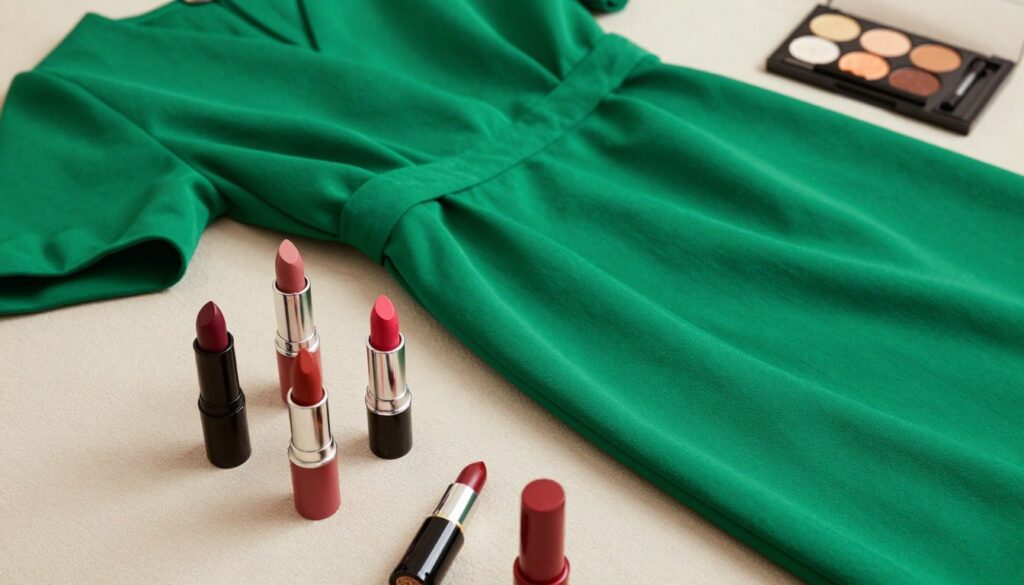 A flat lay composition featuring an elegant green dress draped gently over a soft, neutral fabric backdrop. In the foreground, display a selection of lipsticks in various shades that complement the green dress—think deep berry tones, soft pinks, and bold reds alongside earthy tones. Each lipstick tube should be artistically arranged, emphasizing texture and color contrast. In the middle ground, subtle hints of makeup palettes with complementary eyeshadow colors can be included, such as golds and browns. The lighting should be soft and diffuse, creating a warm ambiance that enhances the colors without harsh shadows. Capture this scene from a slight top-down angle, inviting the viewer into the world of makeup options suitable for a green outfit. The mood is chic, vibrant, and stylish, perfect for a fashion-forward audience. A flat lay composition featuring an elegant green dress draped gently over a soft, neutral fabric backdrop. In the foreground, display a selection of lipsticks in various shades that complement the green dress—think deep berry tones, soft pinks, and bold reds alongside earthy tones. Each lipstick tube should be artistically arranged, emphasizing texture and color contrast. In the middle ground, subtle hints of makeup palettes with complementary eyeshadow colors can be included, such as golds and browns. The lighting should be soft and diffuse, creating a warm ambiance that enhances the colors without harsh shadows. Capture this scene from a slight top-down angle, inviting the viewer into the world of makeup options suitable for a green outfit. The mood is chic, vibrant, and stylish, perfect for a fashion-forward audience.