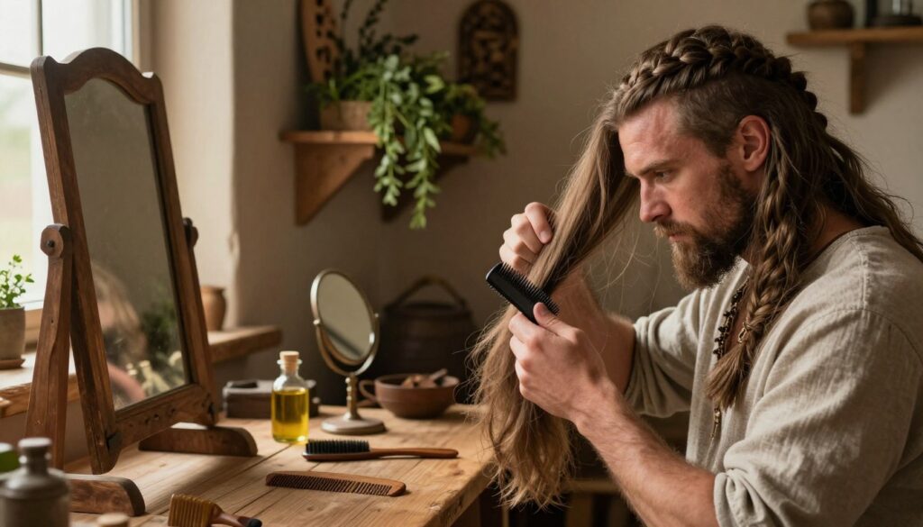 A focused scene depicting a man preparing his hair for growth in the style of a Viking warrior. In the foreground, the man, dressed in a modest casual shirt, is meticulously combing his long, thick hair in front of a rustic wooden mirror. His face shows determination, and his braided hair hints at traditional Viking styles. The middle ground features a wooden table with hair care tools like a comb, oil, and a small mirror, all set in a warmly lit, cozy workshop. In the background, shelves decorated with natural herbs and wooden carvings enhance the atmosphere. Soft, golden light filters through a window, creating a warm, inviting mood that evokes a sense of tradition and preparation. A focused scene depicting a man preparing his hair for growth in the style of a Viking warrior. In the foreground, the man, dressed in a modest casual shirt, is meticulously combing his long, thick hair in front of a rustic wooden mirror. His face shows determination, and his braided hair hints at traditional Viking styles. The middle ground features a wooden table with hair care tools like a comb, oil, and a small mirror, all set in a warmly lit, cozy workshop. In the background, shelves decorated with natural herbs and wooden carvings enhance the atmosphere. Soft, golden light filters through a window, creating a warm, inviting mood that evokes a sense of tradition and preparation.