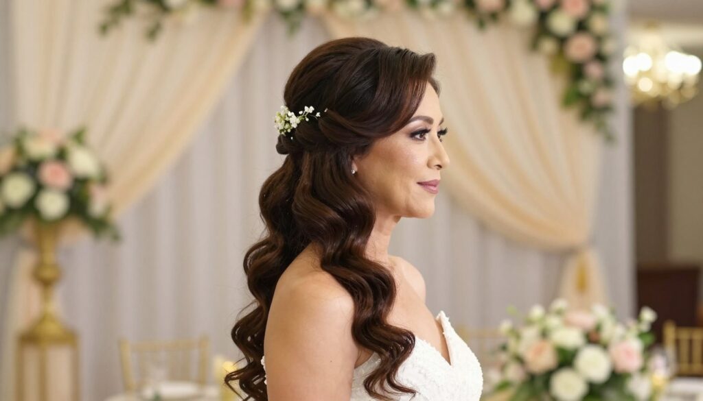 A graceful bride's mother stands amidst an elegantly decorated wedding venue, showcasing a sophisticated hairstyle that emphasizes her long, flowing hair. The hair is styled in soft, romantic waves cascading over her shoulders, adorned with delicate floral accents that complement the festive atmosphere. In the background, tasteful decorations, such as draped fabric and understated floral arrangements, create a warm and inviting ambiance. The lighting is soft and diffused, casting a gentle glow on her face, enhancing the mood of joy and celebration. The angle captures her at a slight profile, highlighting the intricate hairstyle while keeping the focus on the elegance of the occasion. The image embodies the essence of a stylish and poised appearance suitable for a mother at her son's wedding, exuding sophistication and happiness.