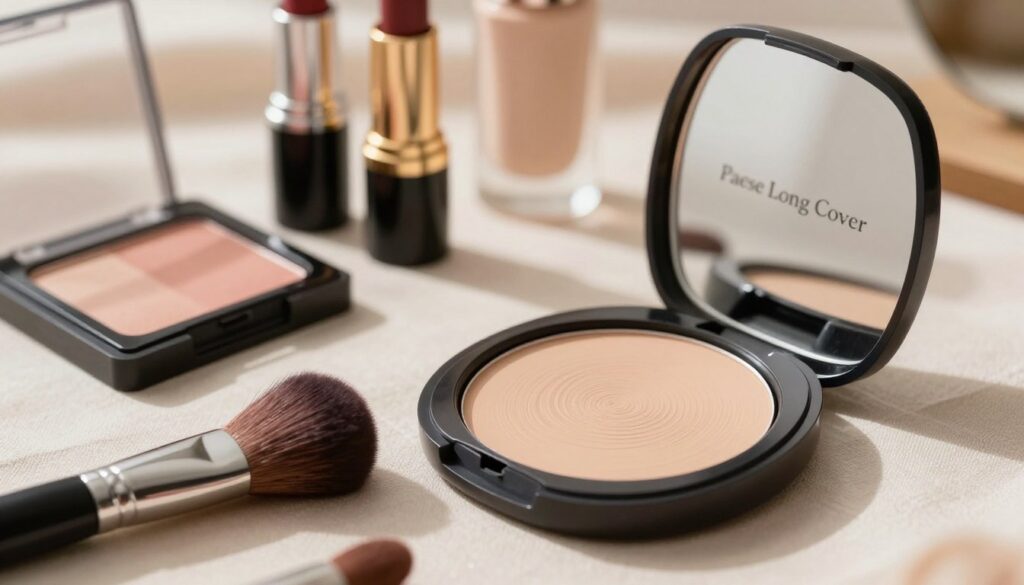 A highly detailed, realistic close-up image of "Paese Long Cover" foundation compact elegantly placed on a soft, textured fabric background that resembles a vanity table. The foreground features the open compact, revealing the smooth surface of the foundation, with a makeup brush delicately resting beside it. In the middle, several complementary cosmetics such as a blush palette, a lipstick tube, and a skincare serum bottle add to the beauty setting, all arranged harmoniously. The background is softly blurred, highlighting warm, natural light that creates a serene, inviting atmosphere. The image should exude a sense of elegance and professionalism suitable for makeup tutorials, with a focus on soft shadows and a clean, polished aesthetic.