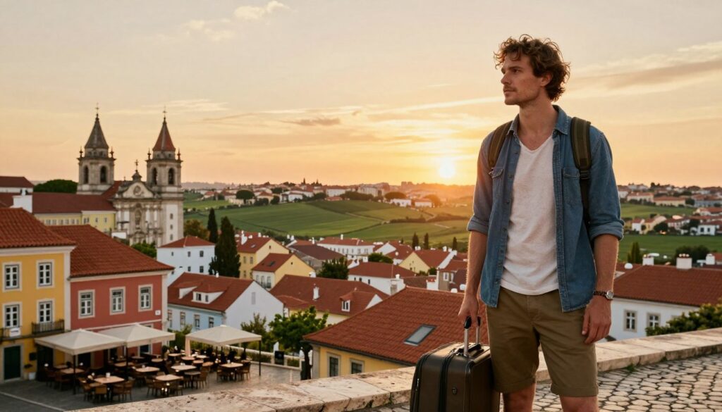 A lively depiction of Marcin Kydryński's dual life between Poland and Portugal. In the foreground, a stylish traveler in a modest outfit stands with a suitcase, looking contemplative. In the middle ground, showcase a blend of iconic Polish and Portuguese landscapes: a vibrant café scene in Lisbon with colorful buildings and terracotta roofs, juxtaposed with the lush green countryside of Poland, featuring traditional architecture. The background captures a sunset, casting warm golden hues over both settings, creating a nostalgic atmosphere. Use a warm color palette to evoke a sense of adventure and tranquility. The scene should be captured from a slight low angle, enhancing the traveler’s presence, with soft, natural lighting to emphasize the serene mood.