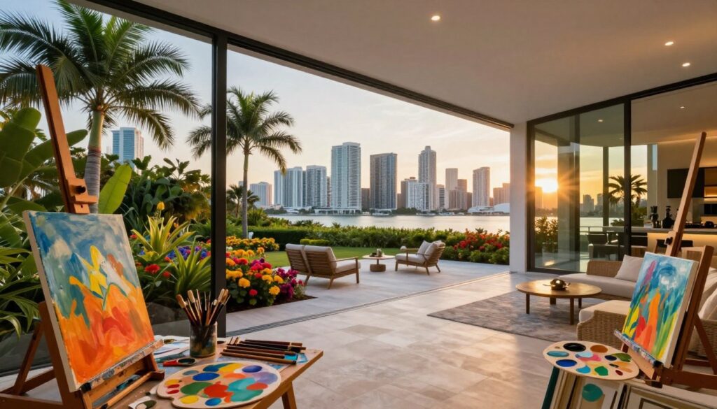 A luxurious Miami residence with contemporary architecture, showcasing expansive glass walls and a sleek, open layout. In the foreground, an artist's studio is visible, filled with vibrant canvases, brushes, and palettes, reflecting a creative atmosphere. The middle ground features lush tropical landscaping with palm trees and colorful flowers, leading to a spacious patio adorned with elegant outdoor furniture. In the background, the stunning Miami skyline glimmers under a warm sunset, casting a golden hue across the scene. Soft lighting enhances the mood, inviting a sense of relaxation and inspiration. The entire composition captures the essence of a vibrant artist's haven in Miami, highlighting comfort and creativity without any explicit content. A luxurious Miami residence with contemporary architecture, showcasing expansive glass walls and a sleek, open layout. In the foreground, an artist's studio is visible, filled with vibrant canvases, brushes, and palettes, reflecting a creative atmosphere. The middle ground features lush tropical landscaping with palm trees and colorful flowers, leading to a spacious patio adorned with elegant outdoor furniture. In the background, the stunning Miami skyline glimmers under a warm sunset, casting a golden hue across the scene. Soft lighting enhances the mood, inviting a sense of relaxation and inspiration. The entire composition captures the essence of a vibrant artist's haven in Miami, highlighting comfort and creativity without any explicit content.