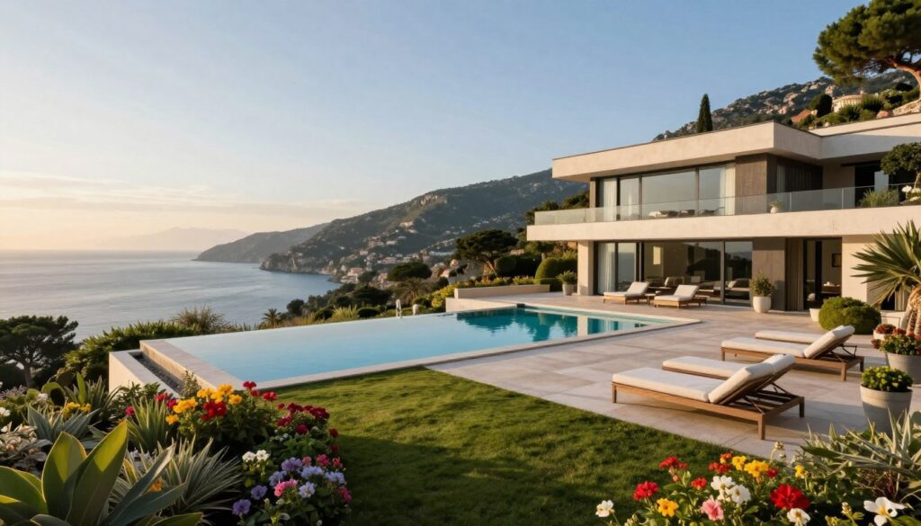 A luxurious Monte Carlo residence nestled on a hillside, showcasing a stunning contemporary architectural design. In the foreground, a well-manicured garden with vibrant flowers and elegant outdoor furniture invites relaxation. The middle ground features a sleek infinity pool that reflects the azure sky, with spacious terraces adorned with stylish loungers. In the background, the Mediterranean Sea sparkles under the warm sunlight, framed by distant, lush green hills. A soft glow of golden hour light casts long shadows and creates a serene, tranquil atmosphere, suggesting exclusivity and privacy. The scene is captured with a wide-angle lens, emphasizing the grandeur of the property while conveying a sense of peaceful seclusion.