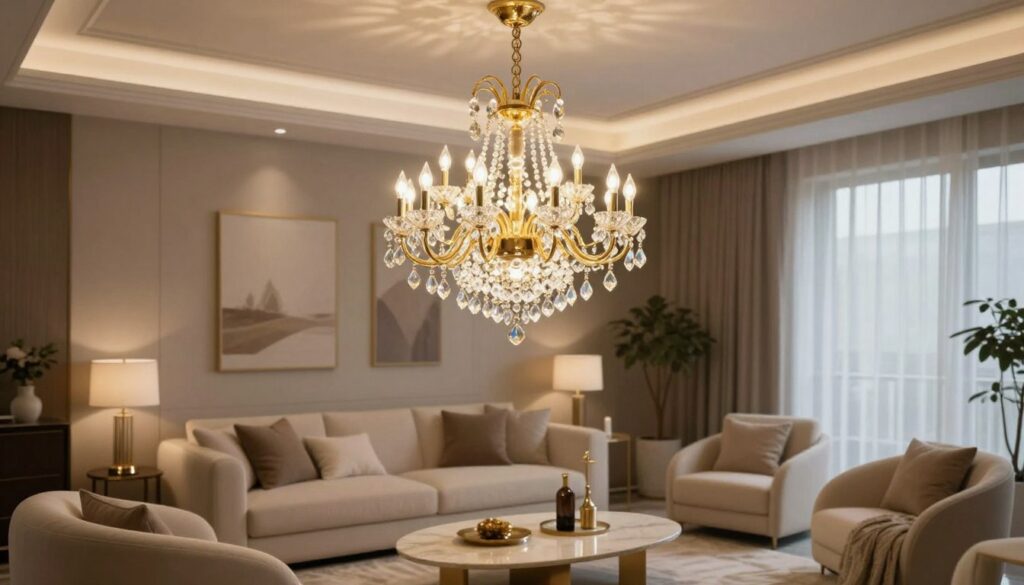 A luxurious chandelier hanging elegantly from a ceiling, casting a warm, inviting glow that enhances the ambiance of a sophisticated living room. The chandelier features a blend of clear crystals and rich golden fixtures, refracting light in a captivating play of colors. In the foreground, soft, plush furniture is tastefully arranged, including a chic coffee table adorned with decorative elements. The middle section showcases a pristine area rug, adding warmth to the space. The background presents a tastefully decorated wall with subtle artwork, emphasizing a cozy atmosphere. Soft, ambient lighting creates a serene mood, while natural light filters through sheer curtains, enriching the cozy yet elegant aesthetic of the room.