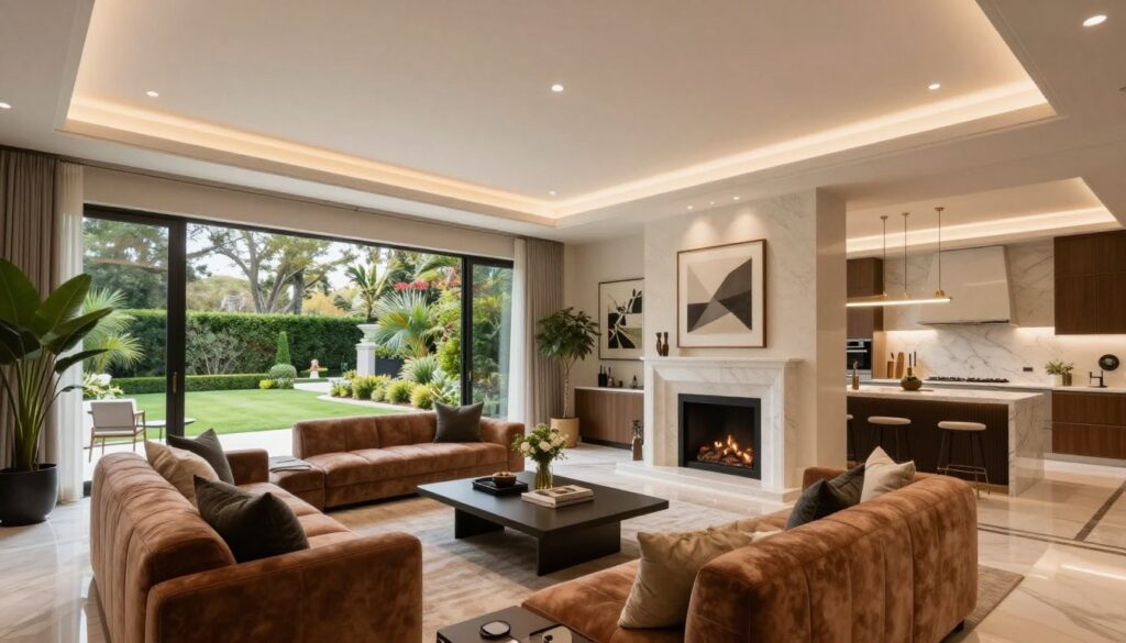 A luxurious interior of a Holmby Hills estate, featuring expansive open spaces with high ceilings and elegant decor. In the foreground, an inviting living area with plush, modern furnishings in rich earth tones, adorned with tasteful artwork and decorative plants. The middle ground showcases a grand fireplace surrounded by stylish seating, while large floor-to-ceiling windows allow natural light to flood the room, revealing a breathtaking view of meticulously landscaped gardens outside. In the background, a contemporary kitchen with sleek appliances and marble countertops is visible. Soft, ambient lighting creates a warm, sophisticated atmosphere, emphasizing the opulence of this celebrity residence. Capture this scene with a wide-angle lens for a comprehensive view, highlighting both the interior design and serene outdoor connection.