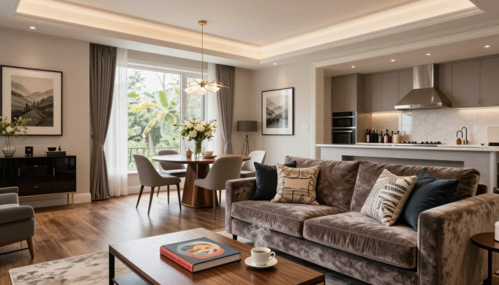 A luxurious interior of a former politician's home, focusing on the elegant design and sophisticated decor. In the foreground, a cozy living room features a plush velvet sofa adorned with decorative pillows, a coffee table with an art book and a steaming cup, and tasteful artwork on the walls. The middle ground showcases a well-lit dining area with a polished wooden table, surrounded by modern chairs, and a stylish centerpiece of fresh flowers. The background reveals large windows letting in natural light, with flowing drapes, and a glimpse of an organized kitchen with high-end appliances. Soft, warm lighting creates an inviting atmosphere, while a contemporary chandelier adds a touch of glamour. The scene is captured in a wide-angle to convey spaciousness and elegance. A luxurious interior of a former politician's home, focusing on the elegant design and sophisticated decor. In the foreground, a cozy living room features a plush velvet sofa adorned with decorative pillows, a coffee table with an art book and a steaming cup, and tasteful artwork on the walls. The middle ground showcases a well-lit dining area with a polished wooden table, surrounded by modern chairs, and a stylish centerpiece of fresh flowers. The background reveals large windows letting in natural light, with flowing drapes, and a glimpse of an organized kitchen with high-end appliances. Soft, warm lighting creates an inviting atmosphere, while a contemporary chandelier adds a touch of glamour. The scene is captured in a wide-angle to convey spaciousness and elegance.