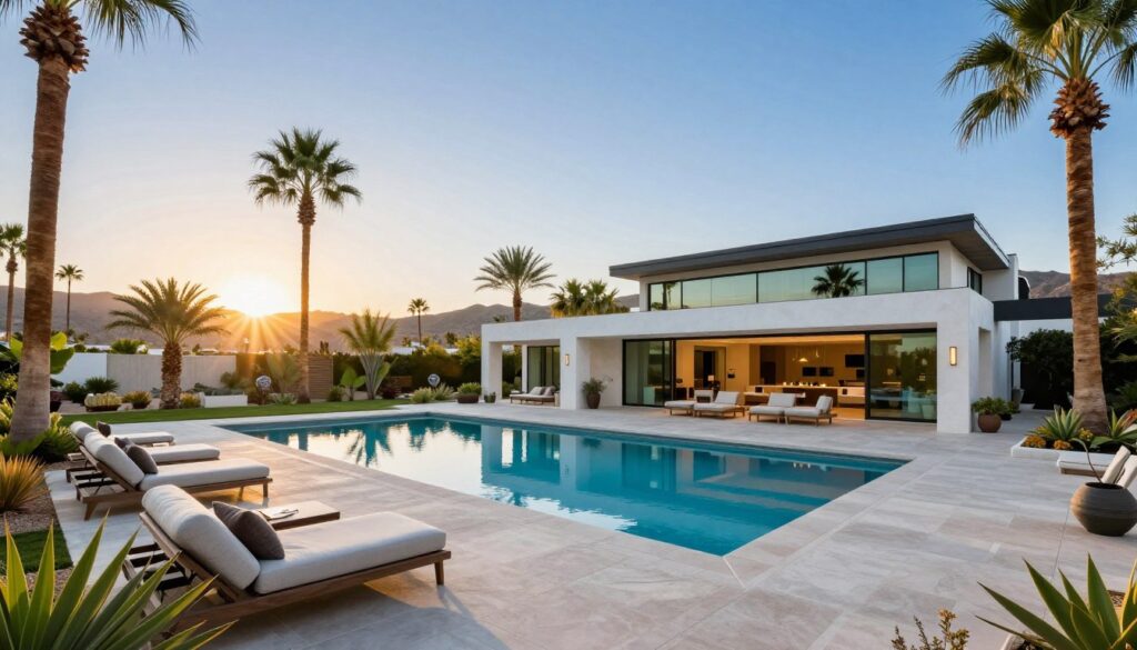 A luxurious mansion in Coachella Valley, surrounded by lush palm trees and vibrant desert flora. The foreground features a modern, spacious outdoor terrace with elegant lounge furniture and a shimmering infinity pool reflecting the clear blue sky. In the middle ground, the mansion's sleek architecture boasts large glass windows and a contemporary design, showcasing luxury living. The background reveals rolling hills and a stunning sunset casting warm golden rays, creating an inviting atmosphere. The scene is captured with a wide-angle lens, emphasizing the grandeur of the property and the serenity of the setting. The mood is tranquil and upscale, evoking a sense of opulence and relaxation. A luxurious mansion in Coachella Valley, surrounded by lush palm trees and vibrant desert flora. The foreground features a modern, spacious outdoor terrace with elegant lounge furniture and a shimmering infinity pool reflecting the clear blue sky. In the middle ground, the mansion's sleek architecture boasts large glass windows and a contemporary design, showcasing luxury living. The background reveals rolling hills and a stunning sunset casting warm golden rays, creating an inviting atmosphere. The scene is captured with a wide-angle lens, emphasizing the grandeur of the property and the serenity of the setting. The mood is tranquil and upscale, evoking a sense of opulence and relaxation.