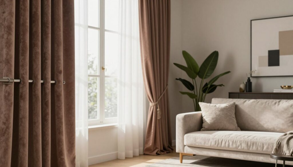 A modern and elegant fabric mounting system displayed in a stylish living room setting. In the foreground, showcase sleek, minimalist curtain rods with luxurious drapery in rich fabrics, such as velvet and linen, elegantly cascading down. In the middle ground, include a tasteful window adorned with tailored curtains that complement a chic sofa, providing a cozy yet sophisticated atmosphere. Soft, natural light streams through the window, casting gentle shadows that enhance the textures of the fabrics. In the background, a contemporary interior design with neutral tones and decorative elements, such as indoor plants and stylish artwork, adds to the elegance of the scene. Capture a warm and inviting mood, ensuring the focus remains on the mounting system and the refined fabric choices. A modern and elegant fabric mounting system displayed in a stylish living room setting. In the foreground, showcase sleek, minimalist curtain rods with luxurious drapery in rich fabrics, such as velvet and linen, elegantly cascading down. In the middle ground, include a tasteful window adorned with tailored curtains that complement a chic sofa, providing a cozy yet sophisticated atmosphere. Soft, natural light streams through the window, casting gentle shadows that enhance the textures of the fabrics. In the background, a contemporary interior design with neutral tones and decorative elements, such as indoor plants and stylish artwork, adds to the elegance of the scene. Capture a warm and inviting mood, ensuring the focus remains on the mounting system and the refined fabric choices.