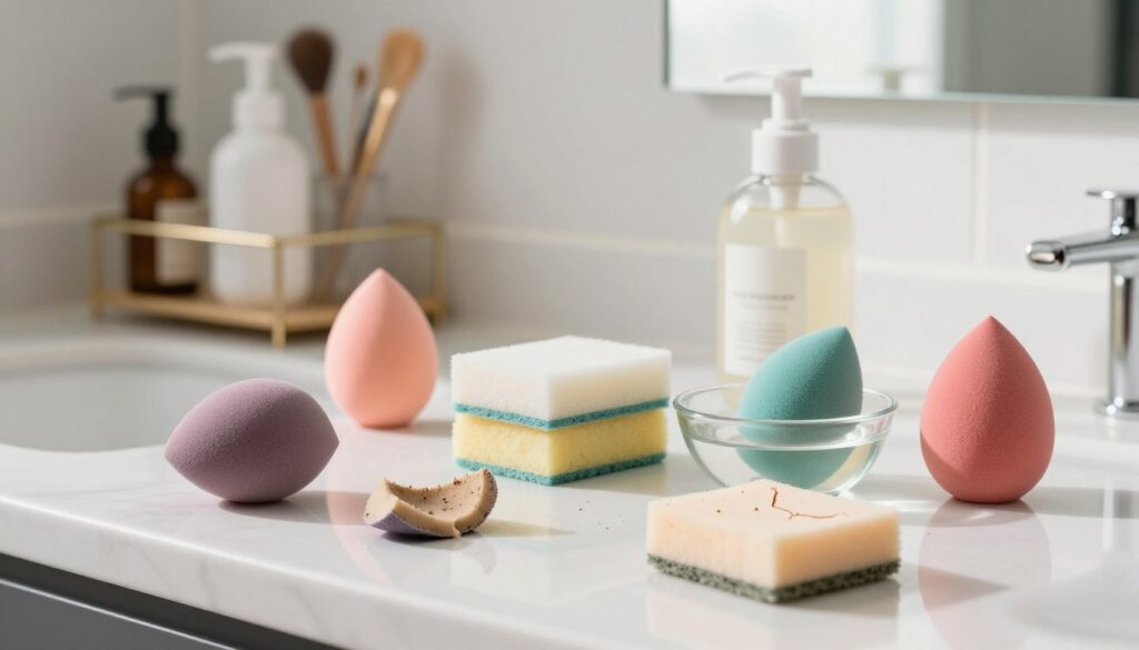 A modern bathroom countertop featuring a variety of makeup sponges in different colors and shapes, demonstrating common care errors. In the foreground, a worn-out sponge with visible makeup residue, a broken piece, and a dry sponge with cracks. In the middle, a clean sponge sits next to a bottle of soap, while a small bowl of water shows a sponge submerged incorrectly. The background displays a beautifully organized shelf with beauty products and tools, softly illuminated by natural light streaming through a window. The atmosphere is informative and slightly cluttered, emphasizing the theme of common mistakes in sponge care. A modern bathroom countertop featuring a variety of makeup sponges in different colors and shapes, demonstrating common care errors. In the foreground, a worn-out sponge with visible makeup residue, a broken piece, and a dry sponge with cracks. In the middle, a clean sponge sits next to a bottle of soap, while a small bowl of water shows a sponge submerged incorrectly. The background displays a beautifully organized shelf with beauty products and tools, softly illuminated by natural light streaming through a window. The atmosphere is informative and slightly cluttered, emphasizing the theme of common mistakes in sponge care.