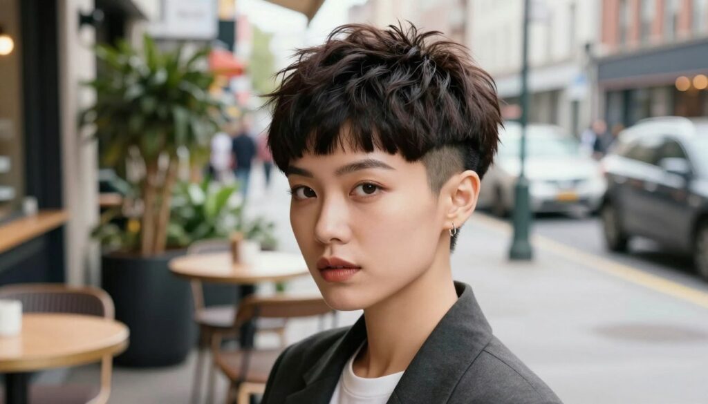 A modern, bold female hairstyle featuring a mushroom cut with shaved sides. The foreground showcases a stylish woman with the distinctive haircut, her hair being voluminous and round on top while the sides are closely shaved, giving a striking contrast. She has a confident expression, wearing smart casual attire. The middle ground includes an urban café setting with soft focus details like potted plants and stylish furniture, enhancing the contemporary vibe. The background shows a vibrant city street with a slight blur, suggesting motion. The lighting is bright and natural, creating an inviting atmosphere. Capture the essence of daring modern femininity in this hairstyle. A modern, bold female hairstyle featuring a mushroom cut with shaved sides. The foreground showcases a stylish woman with the distinctive haircut, her hair being voluminous and round on top while the sides are closely shaved, giving a striking contrast. She has a confident expression, wearing smart casual attire. The middle ground includes an urban café setting with soft focus details like potted plants and stylish furniture, enhancing the contemporary vibe. The background shows a vibrant city street with a slight blur, suggesting motion. The lighting is bright and natural, creating an inviting atmosphere. Capture the essence of daring modern femininity in this hairstyle.