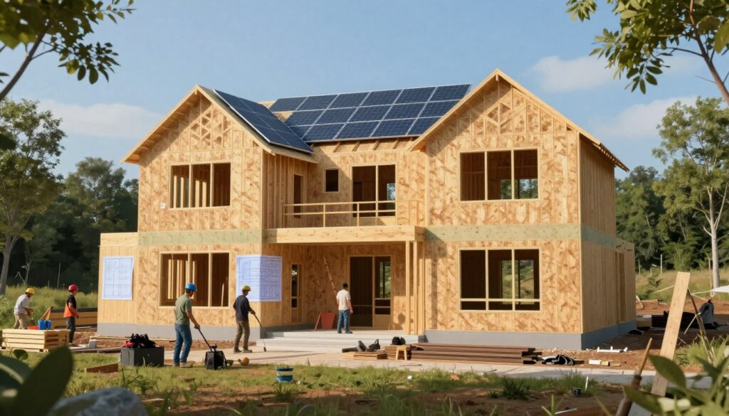 A modern, dream home under construction, nestled in a serene landscape, showcasing eco-friendly features like solar panels and large windows. In the foreground, show construction workers clad in casual clothing, working diligently on the house with tools and building materials scattered around. The middle ground features the skeletal structure of the house, highlighting its unique architectural design, with wooden beams and bright blueprints visible. The background displays a clear blue sky and lush green trees, creating a harmonious atmosphere. Soft, warm sunlight bathes the scene, casting gentle shadows and enhancing the inviting feel of a future family home. The overall mood is one of hope and anticipation for future memories.