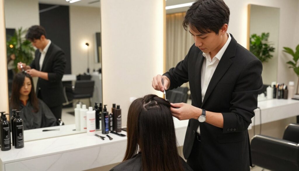 A modern hair salon interior featuring a professional hairstylist demonstrating hair extension techniques on a client. The foreground showcases the hairstylist, a person in professional business attire, focused and skillfully applying extensions to the client's hair with precision tools. The middle ground includes a vanity mirror reflecting an array of hair products and tools neatly arranged, emphasizing a clean and organized workspace. In the background, soft ambient lighting illuminates the stylish salon environment, with chic décor and plants creating a welcoming atmosphere. The scene conveys a sense of elegance, professionalism, and transformation, capturing the essence of contemporary hair extensions and highlighting expert techniques in hair enhancement.