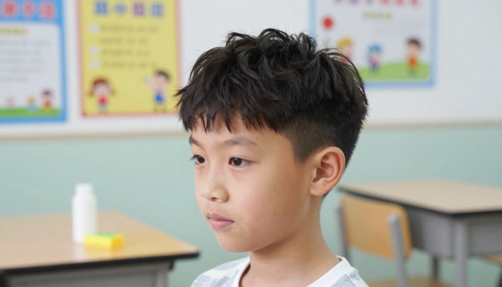 A modern hairstyle featuring a longer top, suitable for a 10-year-old boy. The boy stands in a brightly lit classroom environment, showcasing a stylish, easy-to-maintain haircut that blends trendy and practical elements. The hairstyle is neat on the sides with a voluminous top, possibly styled with subtle waves or a textured finish. In the background, there are school-related elements like colorful posters and a desk with supplies, adding to the setting. The lighting is soft and natural, giving off a cheerful and youthful atmosphere. This image exudes a sense of fun and approachability, perfect for a child's school day. A modern hairstyle featuring a longer top, suitable for a 10-year-old boy. The boy stands in a brightly lit classroom environment, showcasing a stylish, easy-to-maintain haircut that blends trendy and practical elements. The hairstyle is neat on the sides with a voluminous top, possibly styled with subtle waves or a textured finish. In the background, there are school-related elements like colorful posters and a desk with supplies, adding to the setting. The lighting is soft and natural, giving off a cheerful and youthful atmosphere. This image exudes a sense of fun and approachability, perfect for a child's school day.