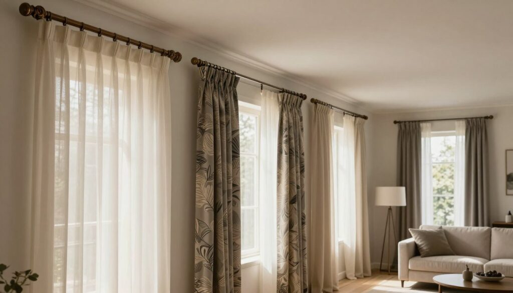 A modern interior scene showcasing various types of curtain rods, highlighting the integration of the rods with different styles of window drapes. In the foreground, display an elegant wooden karnisz with intricate carvings supporting flowy, sheer curtains. In the middle ground, present a sleek metal karnisz with minimalist design paired with bold, patterned drapes. The background features a well-lit, airy living room with contemporary furniture and soft, neutral tones, blending comfort with sophistication. Use warm, natural lighting to create an inviting atmosphere, capturing the harmony between the karnisze and the overall decor style. The composition should emphasize the versatility of curtain rods in enhancing interior design, avoiding any text or distractions. A modern interior scene showcasing various types of curtain rods, highlighting the integration of the rods with different styles of window drapes. In the foreground, display an elegant wooden karnisz with intricate carvings supporting flowy, sheer curtains. In the middle ground, present a sleek metal karnisz with minimalist design paired with bold, patterned drapes. The background features a well-lit, airy living room with contemporary furniture and soft, neutral tones, blending comfort with sophistication. Use warm, natural lighting to create an inviting atmosphere, capturing the harmony between the karnisze and the overall decor style. The composition should emphasize the versatility of curtain rods in enhancing interior design, avoiding any text or distractions.