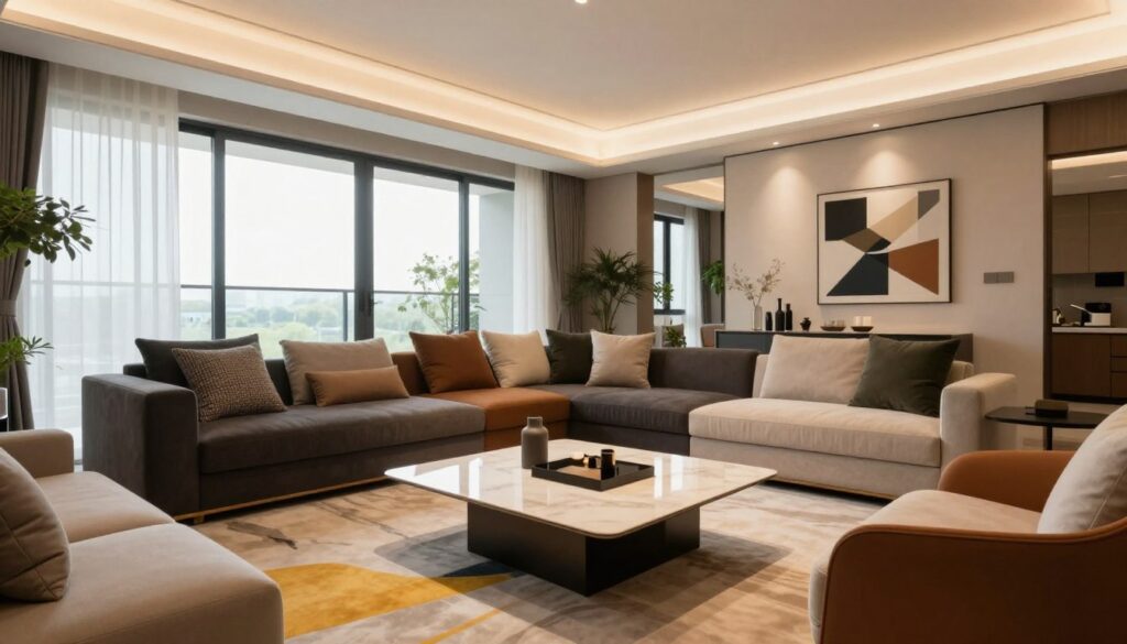 A modern interior space showcasing a stylish living room in a luxurious apartment. The foreground features a sleek, minimalist coffee table with an artistic centerpiece, surrounded by elegant, contemporary furniture. In the middle, plush sofas in rich textiles contrast with a bright, abstract rug that adds color and texture. A large window with floor-to-ceiling drapes allows natural light to flood the room, illuminating geometric art pieces on the walls. In the background, subtle indoor plants bring life to the space, enhancing the overall design aesthetic. The lighting is warm and inviting, creating a cozy atmosphere, while a wide-angle lens captures the entire setting, emphasizing its spaciousness and sophistication.