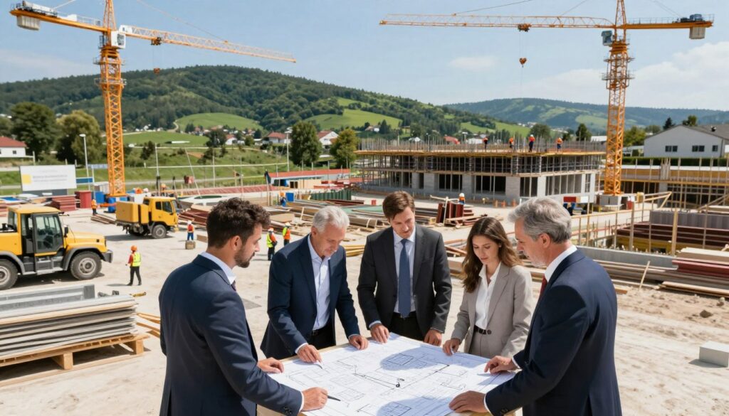 A modern investment site in Wieniec-Zdrój showcasing a large-scale construction project valued at 100 million. In the foreground, a group of diverse professionals in business attire are discussing plans and reviewing blueprints on a table surrounded by construction materials. The middle ground features cranes and workers in hard hats actively engaged in site preparation and construction, symbolizing growth and revitalization. The background includes a scenic view of lush green hills and clear blue skies, evoking a sense of optimism and progress. The lighting is bright, emulating a sunny day, creating a vibrant and hopeful atmosphere that reflects investment and development in the region. The angle is slightly elevated, providing a comprehensive view of the investment site. A modern investment site in Wieniec-Zdrój showcasing a large-scale construction project valued at 100 million. In the foreground, a group of diverse professionals in business attire are discussing plans and reviewing blueprints on a table surrounded by construction materials. The middle ground features cranes and workers in hard hats actively engaged in site preparation and construction, symbolizing growth and revitalization. The background includes a scenic view of lush green hills and clear blue skies, evoking a sense of optimism and progress. The lighting is bright, emulating a sunny day, creating a vibrant and hopeful atmosphere that reflects investment and development in the region. The angle is slightly elevated, providing a comprehensive view of the investment site.