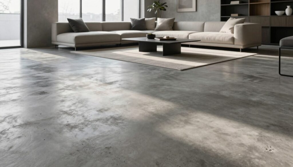A modern living room featuring a polished concrete floor, showcasing its raw, industrial character. The foreground highlights the smooth, textured surface of the concrete, with natural light casting soft shadows, enhancing its unique patterns. In the middle ground, minimalistic furniture with clean lines is arranged, including a stylish sofa and a coffee table, complementing the industrial aesthetic. The background features large windows allowing ample daylight to flood the space, emphasizing the contrast between the hard surface of the concrete and the softness of decorative elements like cushions and a cozy rug. The overall mood is sophisticated yet inviting, conveying a contemporary and stylish atmosphere. The image is captured with a wide-angle lens to encompass the entire room and create a sense of openness.
