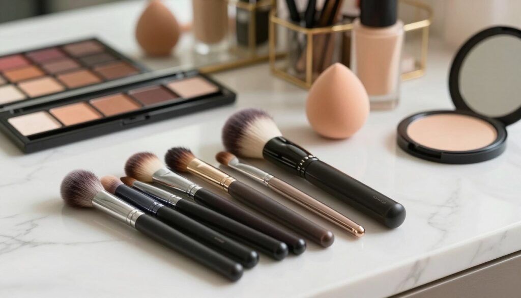 A neatly arranged makeup brush set displayed on a marble vanity table. The foreground features an elegant collection of various makeup brushes, including foundation, eyeshadow, and blush brushes, each with beautiful handles. The middle ground showcases a round, soft makeup sponge and a compact mirror, reflecting subtle light. In the background, a blurred range of colorful makeup palettes and a stylish organizer enhance the scene. Soft, natural lighting casts gentle shadows and highlights the brushes' bristles, creating a warm and inviting atmosphere. The image captures a sense of professionalism and artistry, perfect for illustrating a beauty essentials section.