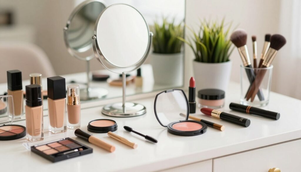 A neatly organized makeup kit on a clean vanity countertop. In the foreground, display a variety of essential makeup products, including foundation, concealer, blush, eyeshadow palettes, mascara, lipstick, and brushes in elegant glass holders. The middle ground features a stylish handheld mirror and a small potted plant for a touch of greenery. The background is softly blurred to emphasize the makeup products, with warm, natural lighting illuminating the scene to create a welcoming and inviting atmosphere. Capture this from a slightly elevated angle to give a comprehensive view of the arrangement, conveying a sense of sophistication and simplicity suited for beginners in makeup.