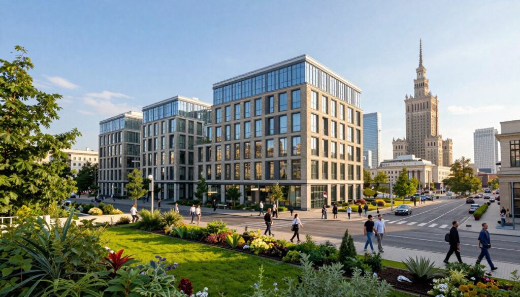 A panoramic view of Warsaw, showcasing a modern apartment building with sleek glass facades and a vibrant exterior, set against a backdrop of the city’s historic skyline. In the foreground, lush greenery and well-kept gardens invite a sense of comfort and tranquility. Midground elements include bustling streets with people dressed in smart casual attire, reflecting the city's dynamic atmosphere. The background features recognizable landmarks like the Palace of Culture and Science under a clear blue sky, with soft, golden sunlight casting gentle shadows. The overall mood is inviting and sophisticated, highlighting the essence of an urban lifestyle in a thriving metropolis.