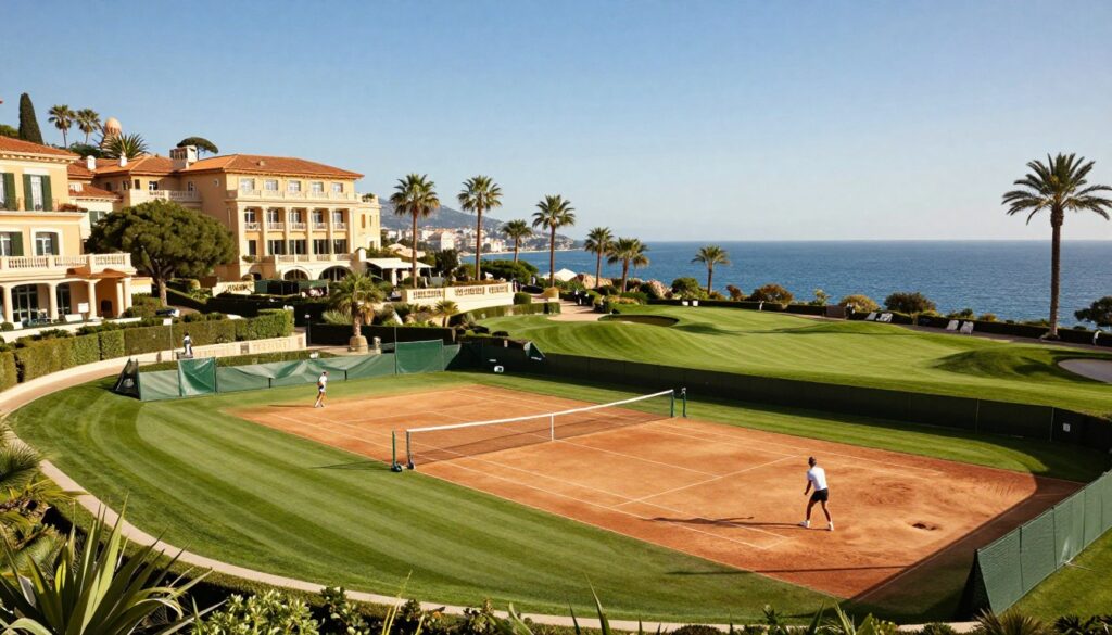 A panoramic view of the prestigious Monte Carlo Country Club, capturing its lush green tennis courts and elegant architecture. In the foreground, show a well-maintained clay court with players practicing their serves, dressed in professional sports attire. In the middle ground, depict well-manicured gardens and palm trees that enhance the opulence of the setting. The background features the stunning Mediterranean coastline, under a clear blue sky that bathes the scene in warm sunlight. Use a wide-angle lens to highlight the grandeur of the club and create a vibrant, inviting atmosphere. The overall mood is energetic yet serene, embodying a top-tier training environment for elite athletes. Aim for a high-resolution image with vivid colors that reflect the luxury of the location, without any text or overlays.
