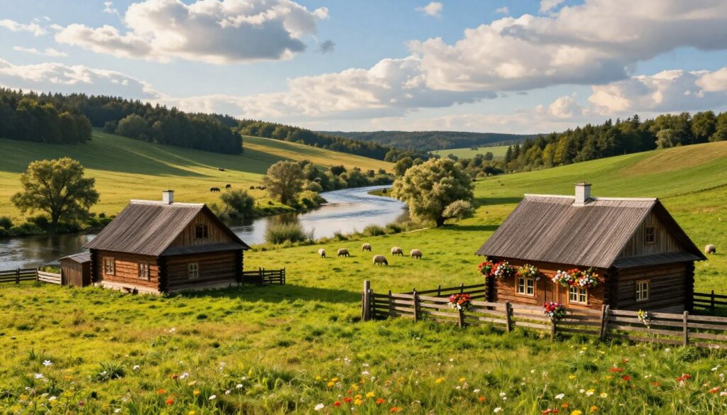 A peaceful farm landscape near the Liwiec River in Poland, capturing the essence of tranquility and natural beauty. In the foreground, a rustic wooden farmhouse is adorned with vibrant flowers in full bloom. The middle ground features lush green fields, dotted with grazing sheep and an old wooden fence. A serene river flows gently, reflecting the bright blue sky filled with soft, fluffy clouds. The background showcases rolling hills, covered in dense forests, creating a sense of seclusion. Warm, golden sunlight bathes the scene, casting soft shadows and enhancing the colors. The atmosphere is serene and rejuvenating, inviting viewers to experience the calm and restorative qualities of this idyllic countryside retreat.