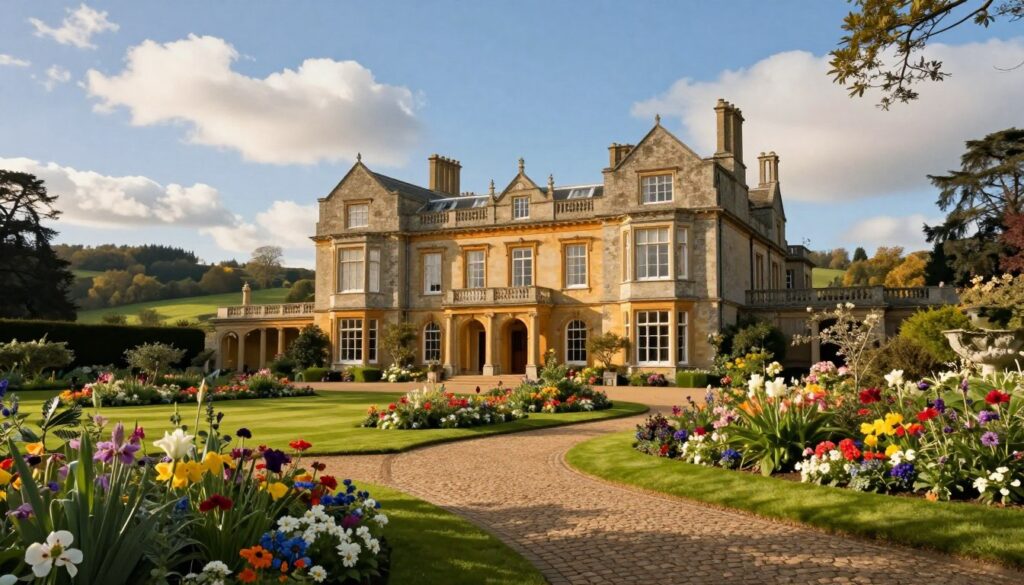 A picturesque countryside estate showcasing a sprawling, elegant mansion with classic architectural features such as large windows and ornate balconies, surrounded by lush gardens and blooming flowers. The foreground includes vibrant flower beds, with a cobblestone path leading to the grand entrance. In the middle, the mansion stands majestically, under a bright blue sky with soft, fluffy clouds. The background features rolling hills and a serene forest, enhancing the tranquil atmosphere. Golden sunlight bathes the scene, casting gentle shadows and illuminating the rich colors of the estate. This image conveys a sense of history, charm, and future possibilities, ideal for illustrating a story about a beloved home. A picturesque countryside estate showcasing a sprawling, elegant mansion with classic architectural features such as large windows and ornate balconies, surrounded by lush gardens and blooming flowers. The foreground includes vibrant flower beds, with a cobblestone path leading to the grand entrance. In the middle, the mansion stands majestically, under a bright blue sky with soft, fluffy clouds. The background features rolling hills and a serene forest, enhancing the tranquil atmosphere. Golden sunlight bathes the scene, casting gentle shadows and illuminating the rich colors of the estate. This image conveys a sense of history, charm, and future possibilities, ideal for illustrating a story about a beloved home.
