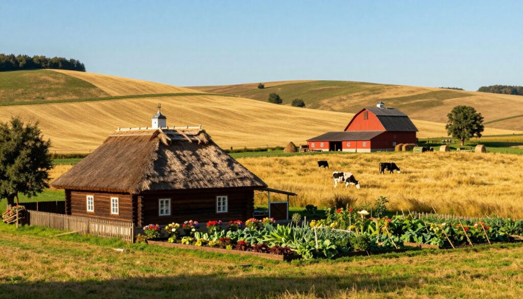 A picturesque rural farm scene, showcasing a traditional Polish gospodarstwo rolne. In the foreground, a sturdy wooden farmhouse with a thatched roof, bordered by vibrant flowerbeds and a well-tended vegetable garden. The middle ground features expansive fields of golden crops swaying gently in the breeze, interspersed with a few grazing cattle. A classic red barn stands proudly nearby, with hay bales stacked neatly outside. In the background, rolling hills under a clear blue sky, bathed in warm sunlight that casts soft shadows across the landscape. The mood is peaceful and idyllic, evoking the essence of agricultural life. Capture this scene with a warm, inviting color palette, using a standard lens to bring a natural perspective and depth to the image.