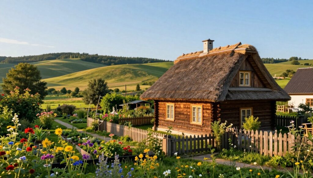A picturesque rural landscape depicting Jarek Onopiuk's residence in Plutyczach. In the foreground, a cozy wooden cottage with a thatched roof, surrounded by vibrant wildflowers and greenery, showcasing a welcoming atmosphere. The middle ground features a tidy garden with paths winding through blooming plants, and a rustic fence. In the background, rolling hills and a clear blue sky add depth to the scene. Soft, golden sunlight bathes the area, creating a warm and inviting mood. Optional distant trees add a sense of tranquility. The focus is on the charm of the countryside, reflecting the essence of a creator's home, with no people present, emphasizing the location and environment.