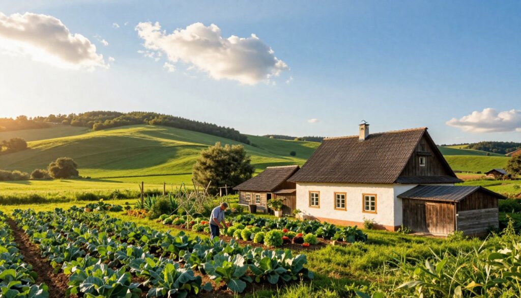 A picturesque rural landscape showcasing a traditional Polish farm, with a charming, rustic farmhouse in the foreground, surrounded by lush green fields and rows of crops. In the middle ground, there are a few gentle hills and a small vegetable garden bursting with fresh produce. Sunlight filters through a few scattered clouds, casting a warm, golden glow over the scene, creating an inviting and peaceful atmosphere. In the background, a clear blue sky enhances the idyllic countryside. Include a farmer, dressed in modest casual clothing, tending to the garden. The angle should be slightly elevated, offering a comprehensive view of the farm, emphasizing the harmony of nature and agricultural life.