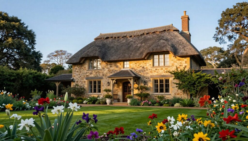 A picturesque view of Adelaide Cottage, set amidst lush greenery and flowering gardens. In the foreground, vibrant flowers bloom, with a hint of a manicured lawn. The middle ground showcases the charming cottage, with its classic architecture featuring stone walls, a thatched roof, and large windows reflecting the sunlight. The background reveals serene trees and a clear blue sky, creating a tranquil atmosphere. Soft, warm lighting casts gentle shadows, enhancing the inviting feel of the scene. The angle is slightly elevated, providing a comprehensive view of the cottage in its natural surroundings. The image should evoke a sense of peace and elegance, capturing the essence of royal living in this beautiful residence. No human figures are present.