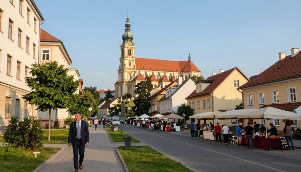 A picturesque view of Częstochowa, showcasing its vibrant city life and tranquil residential areas. In the foreground, a professional-looking man in business attire walks along a tree-lined avenue, with modern office buildings on one side and cozy homes on the other. The middle ground captures a bustling street market with vendors and people chatting, highlighting the city's active community life. The background features the iconic Jasna Góra Monastery, its grand architecture standing majestically under a clear blue sky. Soft, warm afternoon sunlight bathes the scene, creating a welcoming atmosphere. The perspective is slightly elevated, providing a comprehensive view of Częstochowa's blend of professional and personal spaces.