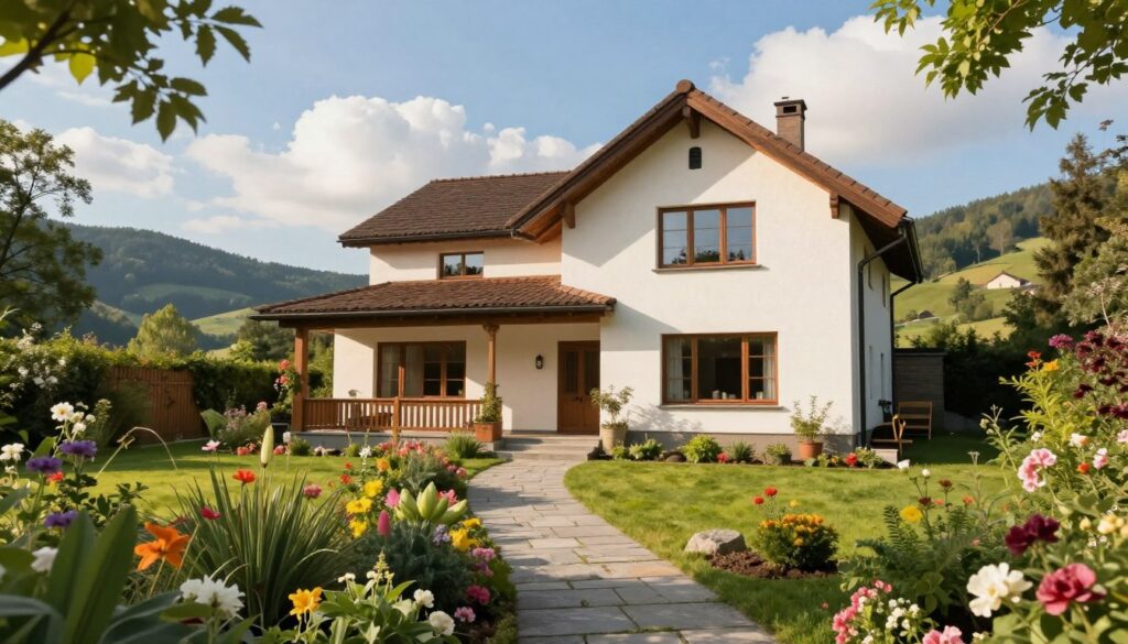 A picturesque view of Justyna Steczkowska's elegant home nestled in a serene natural setting, surrounded by lush greenery and blooming flowers. In the foreground, a well-kept garden with vibrant plants and a stone pathway leading to the entrance. The middle ground features the charming house itself, showcasing a blend of modern architecture and traditional elements, with large windows reflecting the sunlight. The background reveals a tranquil landscape of rolling hills and a bright blue sky with fluffy white clouds. Soft, warm lighting enhances the inviting atmosphere, capturing a peaceful afternoon. The scene evokes a sense of harmony and artistic inspiration, perfect for illustrating the life of a celebrated artist outside the stage. A picturesque view of Justyna Steczkowska's elegant home nestled in a serene natural setting, surrounded by lush greenery and blooming flowers. In the foreground, a well-kept garden with vibrant plants and a stone pathway leading to the entrance. The middle ground features the charming house itself, showcasing a blend of modern architecture and traditional elements, with large windows reflecting the sunlight. The background reveals a tranquil landscape of rolling hills and a bright blue sky with fluffy white clouds. Soft, warm lighting enhances the inviting atmosphere, capturing a peaceful afternoon. The scene evokes a sense of harmony and artistic inspiration, perfect for illustrating the life of a celebrated artist outside the stage.